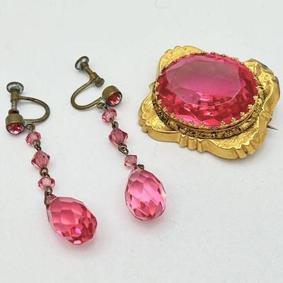 Antique Victorian Gold Tone Screw Back Drop Earrings and Brooch w/ Faceted Pink Cut Glass