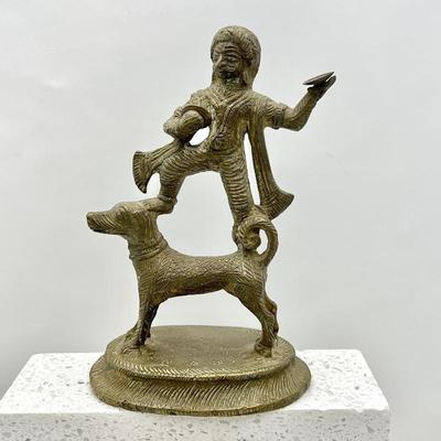 Antique Brass Statue of Dancing Man on Dog