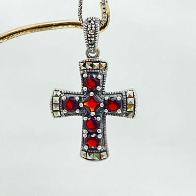Vintage Sterling Silver Cross with Marcasite & Garnet Gem-stones and 28" Chain
