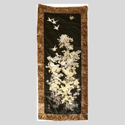 Gorgeous Large Antique Chinese Embroidered Silk Brocade Panel / Tapestry - Beiges on Black 5ft Tall 25