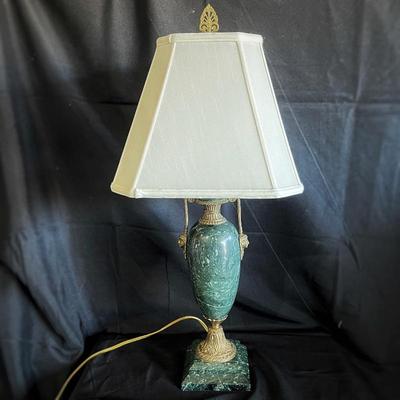 Vintage Neoclassic Italian Green Marble Table Lamp w/ Shade- 30