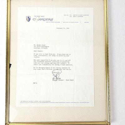 Signed Personal Letter From San Diego Chargers GM - Head Coach Sid Gillman from 1965 - Framed 11
