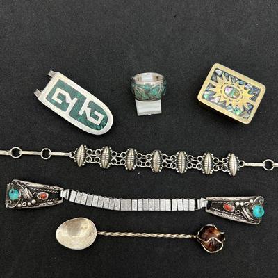 Sterling Silver Assortment of Native American Jewelry- Inlay Turquoise Ring & Money clip, Pill Box, Watch Band