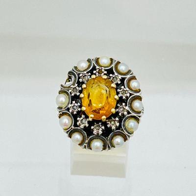 Victorian Halo Cluster Ring with Citrine and Pearl in 14K Gold- Size 5.75