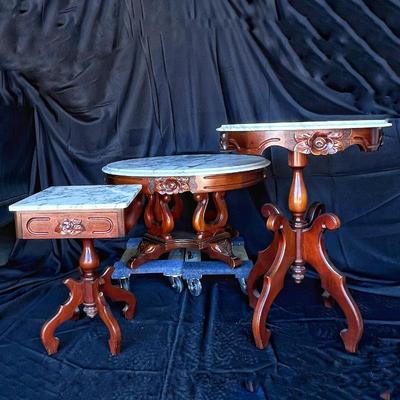 Set of THREE Victorian Style Tables w/ Italian Marble Tops