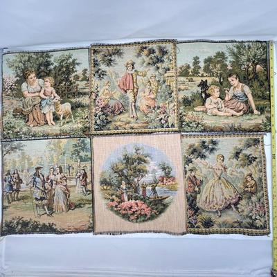 Lot of 6 Antique French Woven Tapestry in Jacquard Loom with Victorian Romantic Scenes