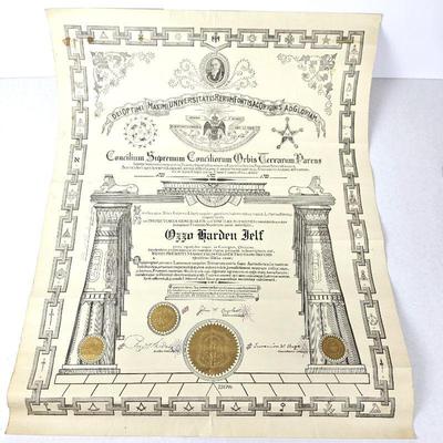 Antique Masonic Certificate 33* 1921 Covington, OK. Concilium Supremum 19