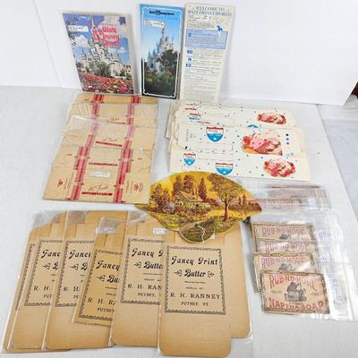 Vintage Food Cartons, Fancy Print Butter, Varsity Velvet & It's Fresh Ice Cream Plus 70s Disney Brochures.