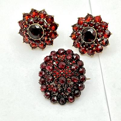  Antique Victorian Red Garnet Screw Back Earrings and Brooch w/ Gold Tone Backing