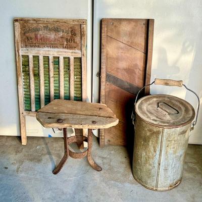 1900â€™s Household Items- Washboard, Cabbage Shredder, Milk Pail and Milking Stool