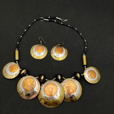 Retro Statement Necklace & Earring Set- Brass, Silver and Copper Disks make an eye catching set