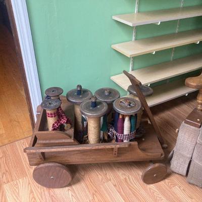 Hand Made Wood Cart and Wooden Spool/Bobbin Spindles with Yarn