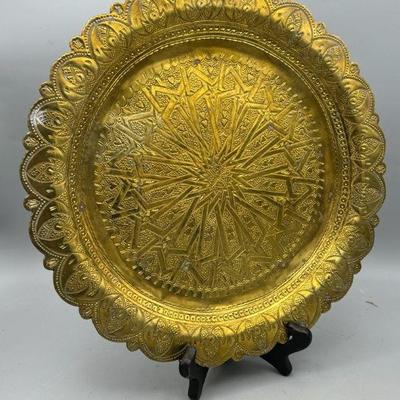 Handcrafted Brass Decorative Tray With Traditional Middle Eastern Etchings
