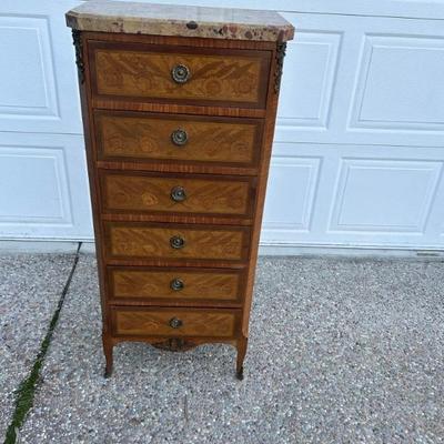 Wow, Wow 1920-1930 marble top lingerie Cabinet with inlaid florals now available