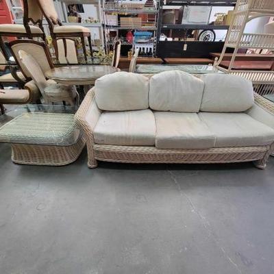 #2168 â€¢ Bent Rattan Sofa and Coffee Table with Glass Top

