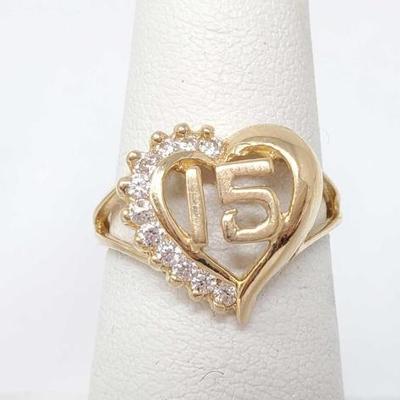 #752 â€¢ 14k Gold "15" Heart Rhinestone Ring, 4g
