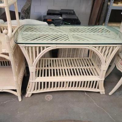 #2158 â€¢ Bent Rattan Console Table with Galss Top

