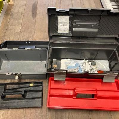 #7594 â€¢ (2) Tool Boxes, Glue Gun, Jars, Clamps & Scissors
