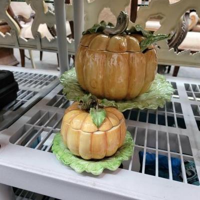 #2118 â€¢ Fitz and Floyd Pumpkin Soup Tureen with Laddle, Leaf Platter, and Covered Soup Bowl
