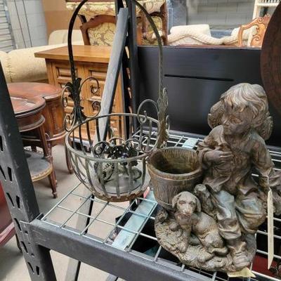 #2052 â€¢ Boy with Dog Statue, Rustic Wire Basket and Metal Candle Holder
