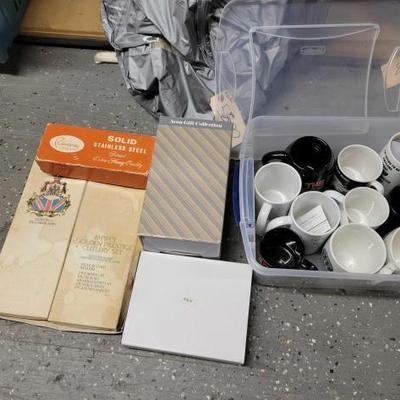 #5504 â€¢ Coffe Mugs, Stainless Steel Silverware, Avon Convertible Hurricane Lamp
