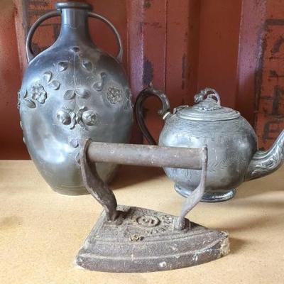 #6116 â€¢ Tea Pot, Vase and Metal Iron
