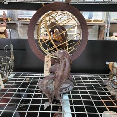 #2054 â€¢ Wooden Armillary and Metal Dolphin Statue
