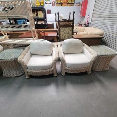 #2170 â€¢ 2 Bent Rattan Lounge Chairs and End Tables with Glass Top
