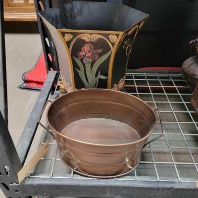 #2060 â€¢ Metal Tub and Black Metal Tole Bin and Orchid Planter
