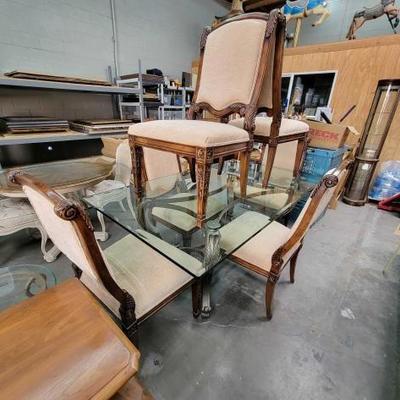 #2142 â€¢ Glass Table Top Dining Room Table and Chairs
