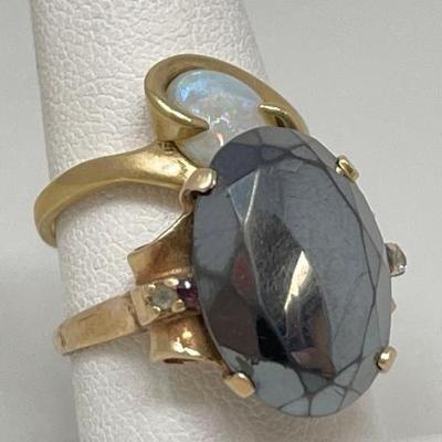 #878 â€¢ (2) 10k Gold Opal & Semi-Precious Stone Rings, 8g
