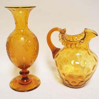 1245	VICTORIAN AMBER BLOWN GLASS PITCHER & WHEEL CUT VASE, TALLEST APPROXIMATELY 12 IN HIGH
