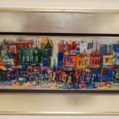 1121	ABSTRACT FRAMED PAINTING, STREET SCENE, APPROXIMATELY 48 IN X 22 IN, DAMAGE LEFT SIDE OF FRAME
