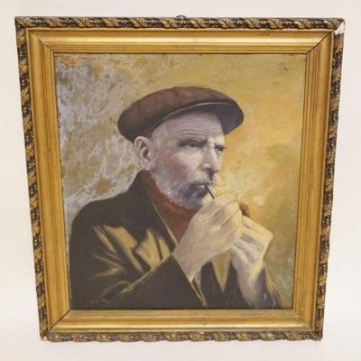 1247	OIL PAINTING ON BOARD MAN SMOKING PIPE, ARTIST SIGNED, APPROXIMATELY 16 IN X 18 IN OVERALL
