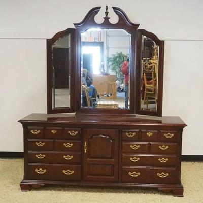 1156	THOMASVILLE CHERRY 6 DRAWER LOW CHEST WITH TRIPLE BEVELED MIRROR, APPROXIMATELY 72 IN X 20 IN X 83 IN H
