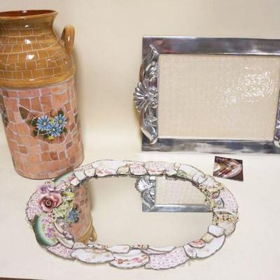 1216	GROUP OF ASSORTED DECORATIVE ITEMS INCLUDING MIRROR GLASS TRAY W/POTTERY SHARD EDGES, POTTERY MILK CAN, JULIA KNIGHT TRAY
