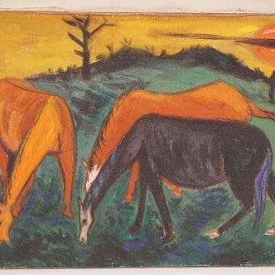 1114	THEO HIOS OIL PAINTING ON CANVAS *HORSES* 1960, APPROXIMATELY 12 IN X 16 IN
