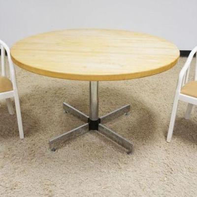 1188	CONTEMPORARY DINETTE SET, TABLE WITH BUTCHER BLOCK TOP ON CHROME BASE APPROXIMATELY 48 IN X 30 IN H WITH 2 CHAIRS
