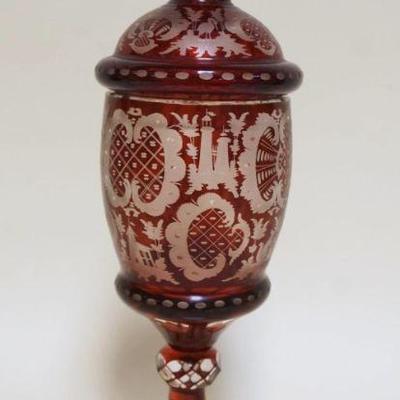 1003	BOHEMIAN RUBY GLASS CUT TO CLEAR COVERED URN, APPROXIMATELY 5 1/4 IN HIGH
