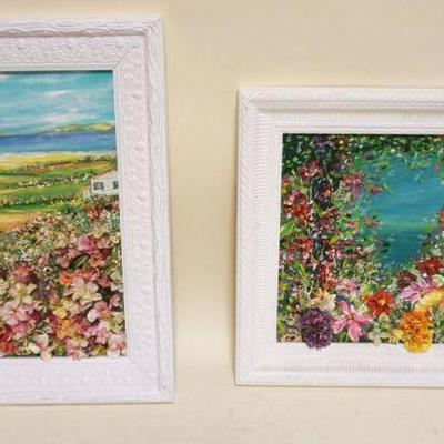 1215	2 OIL PAINTINGS, 3 DIMENSIONAL W/APPLIED FLOWERS, APPROXIMATELY 15 IN X 18 IN OVERALL

