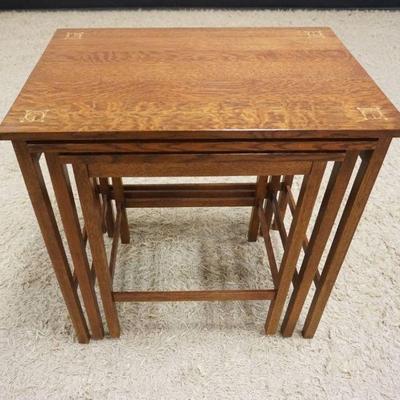 1149	STICKLEY MISSION COLLECTION ARTS & CRAFTS OAK 3 PIECE NEST OF OCCASIONAL TABLES, LARGEST APPROXIMATELY 25 IN X 18 IN X26 IN H
