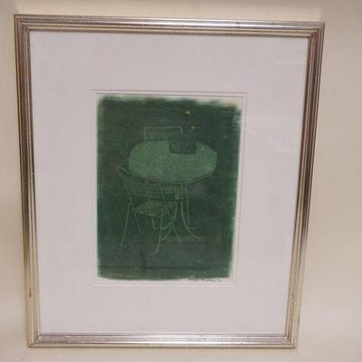1109	JOSEPH SOLMAN FRAMED PRINT *TABLE AND CHAIRS* 1980, APPROXIMATELY 20 IN X 23 IN OVERALL
