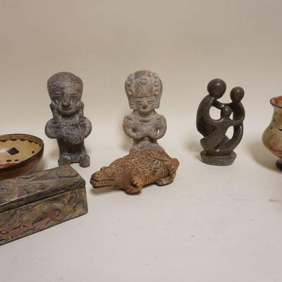 1064	GROUP OF ASSORTED MAYAN STYLE FIGURES, COVERED BOX AND POTTERY
