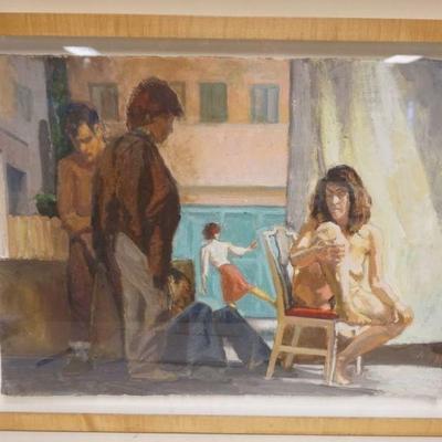 1111	DOMENIC CRETARA PAINTING FRAMED UNDER GLASS, MEN AND NUDE WOMAN SITTING, APPROXIMATELY 27 IN X 35 IN OVERALL
