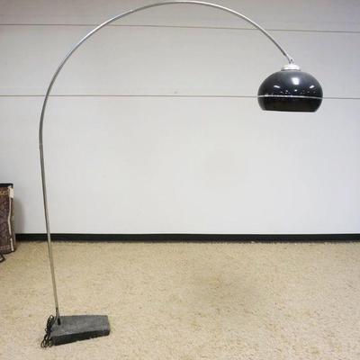 1170	MID CENTURY MODERN ARCHED FLOOR LAMP WITH STONE BASE, ACRYLIC?, SMOKED DOME, APPROXIMATELY 87 IN H, 73 IN L
