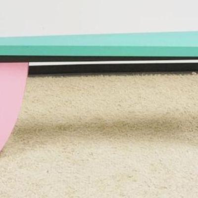 1192	MODERN STYLE PASTEL PAINT DECORATED GEOMETRIC TABLE, APPROXIMATELY 90 IN X 14 IN X 31 IN H
