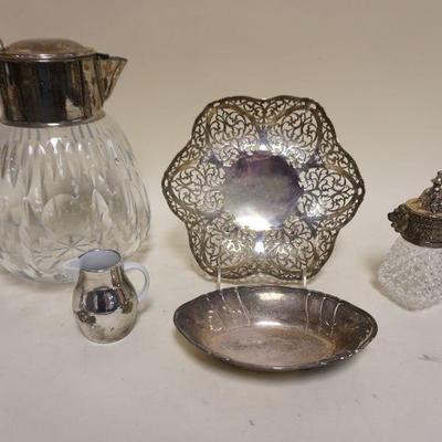 1055	GROUP OF ASSORTED SILVER PLATE ITEMS INCLUDING LARGE POLISHED & GROUND GLASS WATER PITCHER

