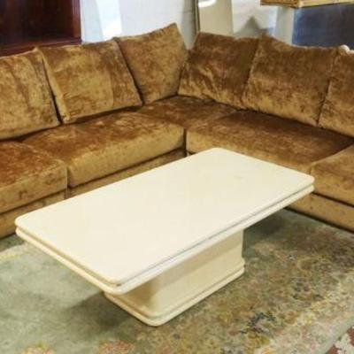 1197	MID CENTURY MODERN UPHOLSTERED 3 SECTION SOFA AND COCKTAIL TABLE, FINISH WEAR TO TOP OF TABLE, APPROXIMATELY 9 FT 5 IN X 3 FT DEEP X...