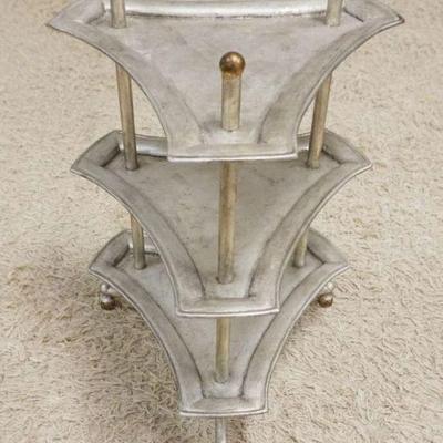 1147	3 TIER METAL TRIANGLE STAND IN SILVER FINISH, APPROXIMATELY 18 IN X 27 IN H
