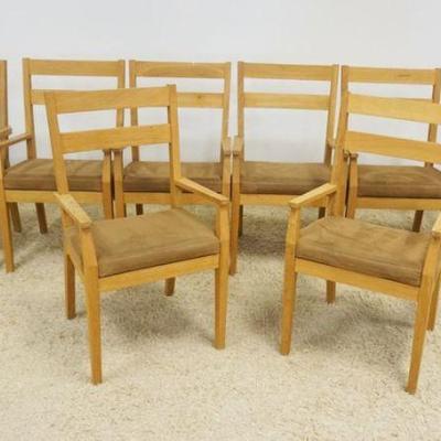 1127	SET OF 8 OAK MODERN STYLE ARM CHAIRS WITH UPHOLSTERED SEATS AND MORTICE & FINGER JOINT CONSTRUCTION,, 2 NON MATHCING
